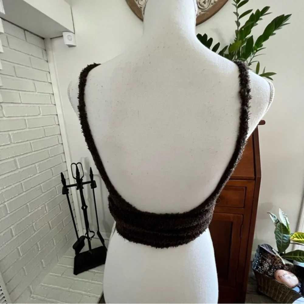 Out From Under  NWT Sz Small Brown Fuzzy Knit Wrap Tie Crop Top Deep V Neck